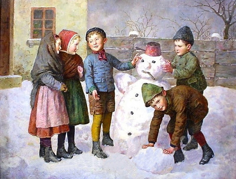 It`s Almost Finished, children, finished, snowman, winter, HD wallpaper