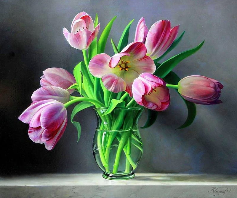 ✿⊱•╮Tulips from Holland╭•⊰✿, lovely still life, paintings, draw and paint, flowers, vase, love four seasons, bonito, tulips, HD wallpaper