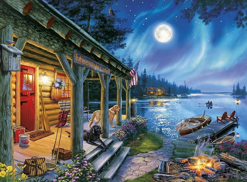 Moonlight Lodge, lodge, cabin, canoe, fire, moon, boat, jetty, flowers, dog, light, HD wallpaper