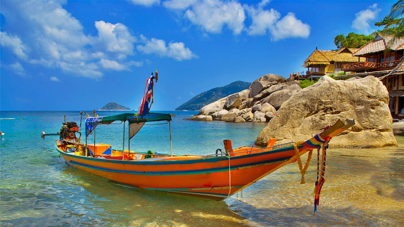 boat ashore at a resort in thailand, resort, rocks, shore, boat, sky, sea, HD wallpaper