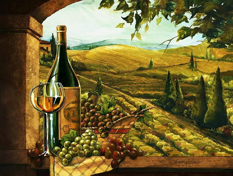 Vineyard Window, glass, grapes, bottle, painting, artwork, field, HD wallpaper