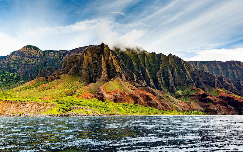 Na Pali Coast State Park, Pacific Ocean, mountains, Hawaiian island, USA, HD wallpaper