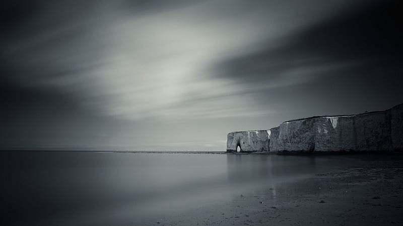 coast of reculver england in monochrome, shore, arch, cliffs, monochrome, sea, HD wallpaper