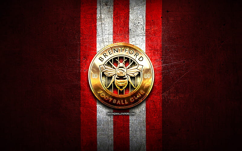 Brentford FC, golden logo, EFL Championship, red metal background, football, FC Brentford, english football club, Brentford FC logo, soccer, England, HD wallpaper
