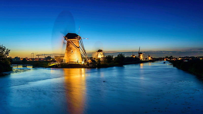 Windmills of Kinderdijk, Netherlands, landscape, water, lake, reflections, sky, HD wallpaper