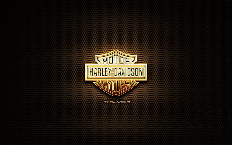 Harley-Davidson glitter logo, creative, metal grid background, Harley-Davidson logo, brands, Harley-Davidson, HD wallpaper