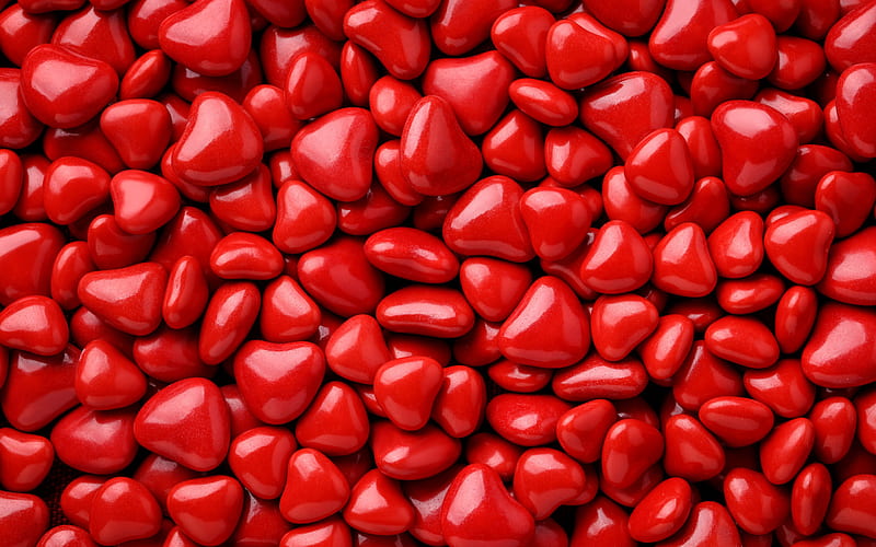 red hearts, macro, hearts candies, love concepts, hearts textures, red background, HD wallpaper