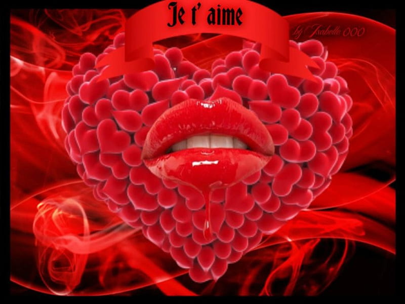 Je t'aime, red, art, love, heart, lips, HD wallpaper
