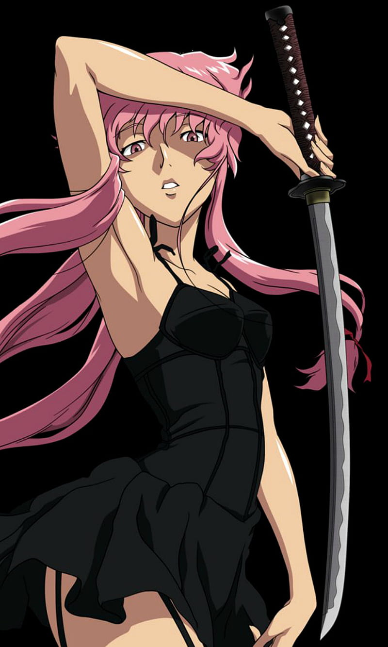 blood blush gasai yuno jackiexp long hair mirai nikki pink eyes pink hair  ribbons twintails weapon
