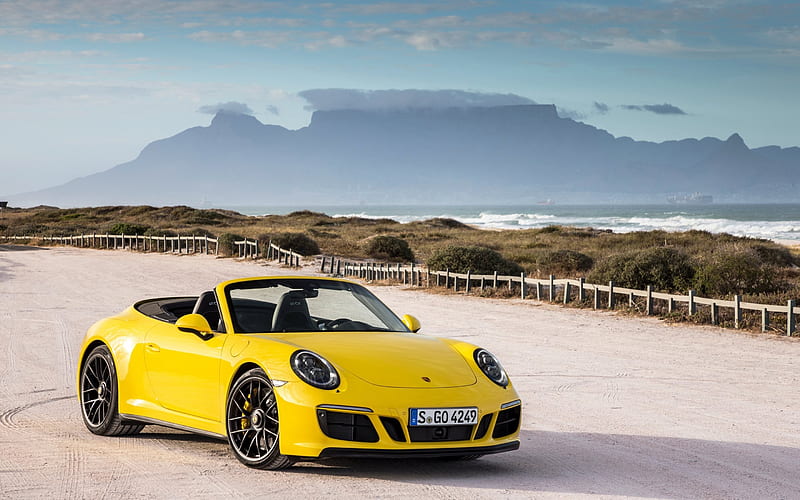 Porsche 911 GTS, 2017, 991, yellow convertible, yellow Porsche, sports car, Desert, HD wallpaper