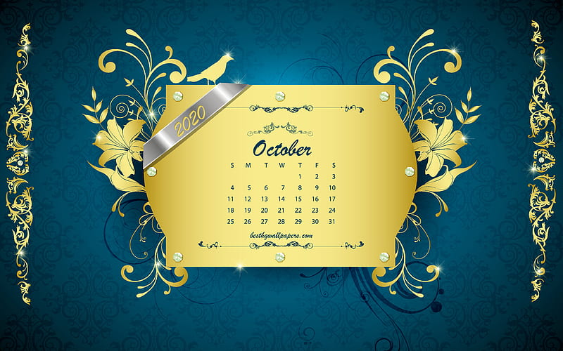 2020 October calendar, vintage blue background, 2020 autumn calendars, retro art, golden ornaments, October 2020 Calendar, spring, October, HD wallpaper