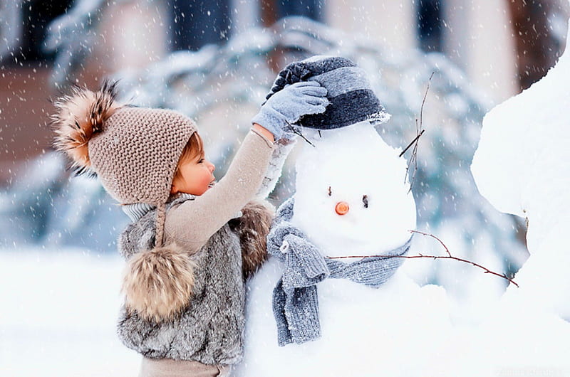 Winter Fun , adorable, snowman, winter, sweet, cute, snowflake, graphy, girl, snow, child, HD wallpaper