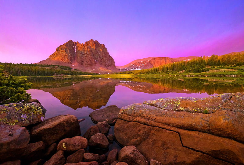 Red Castle Lake, forest, grass, bonito, sunset, lake, mountain peak, wilderness, reflection, Utah, HD wallpaper