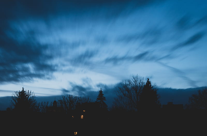 house, trees, night, sky, outlines, twilight, HD wallpaper