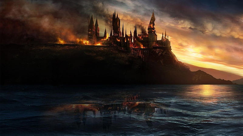 fire hogwarts near body of water with reflection movies, HD wallpaper