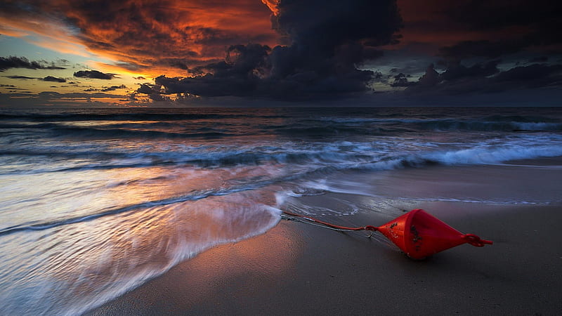 lost buoy stranded on a beach, beach, buoy, sunset, waves, clouds, sea, HD wallpaper