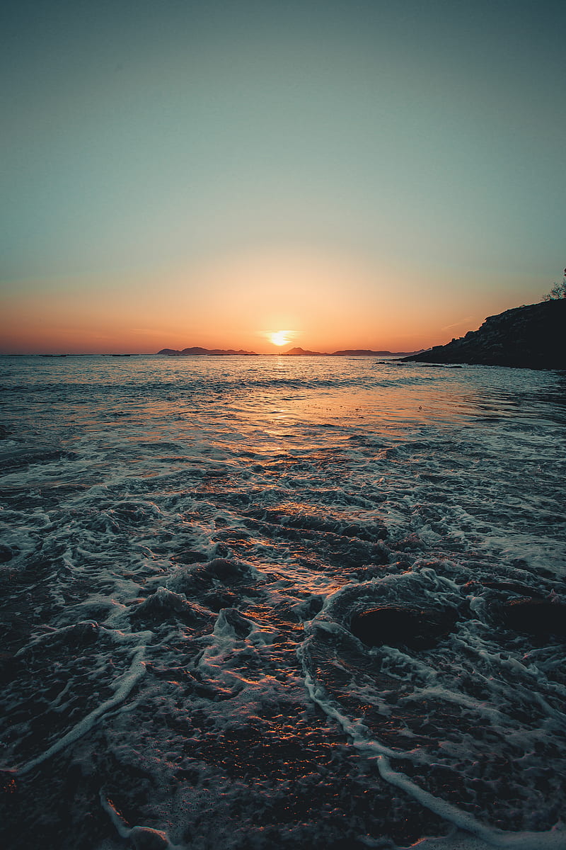 sunset, sea, waves, dusk, HD phone wallpaper