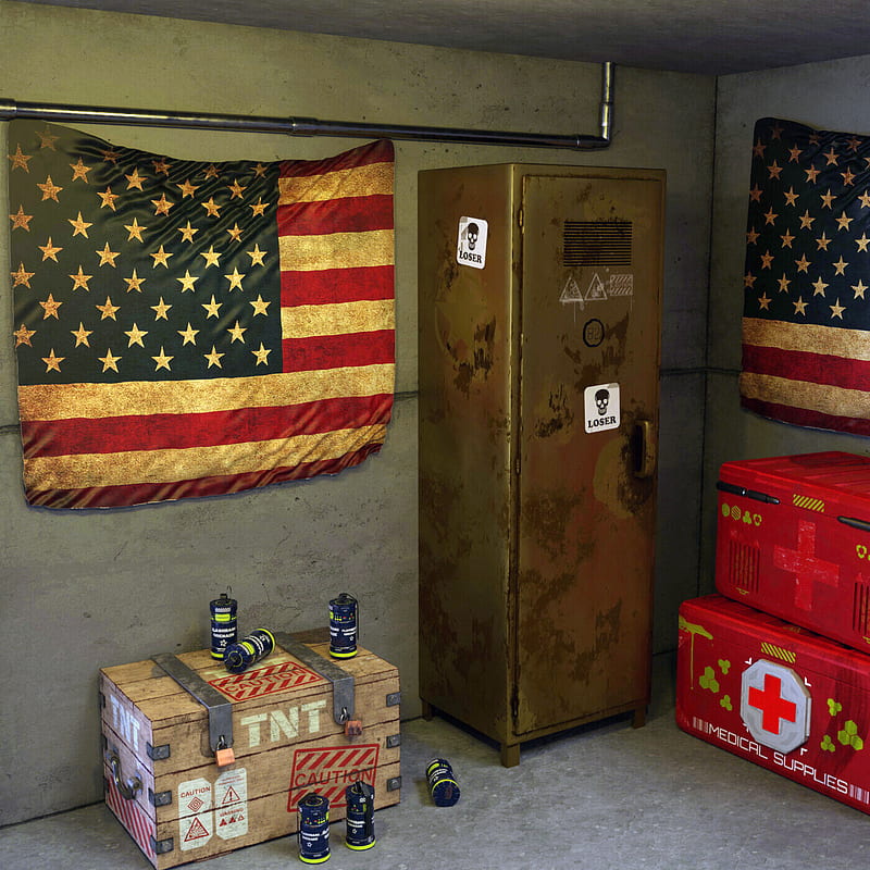 The warrior nest, basement, flag, flashbang, fps, locker, medikit, render, shelter, tnt, usa, HD phone wallpaper