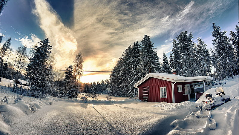 Winter Wonderland IV, pretty, wonderful, stunning, sun, cabin, bonito, clouds, nice, snowmobile, way, frost, amazing, hills, forest, horizon, sky, trees, winter, snow, ice, nature, HD wallpaper