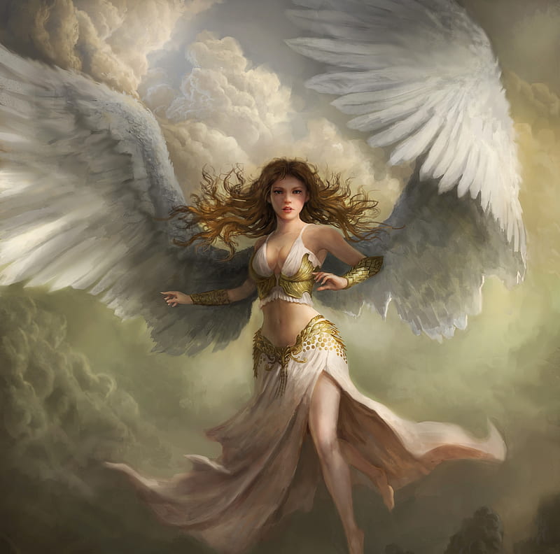 Angel, fantasy, wings, luminos, feather, james child, white, HD wallpaper