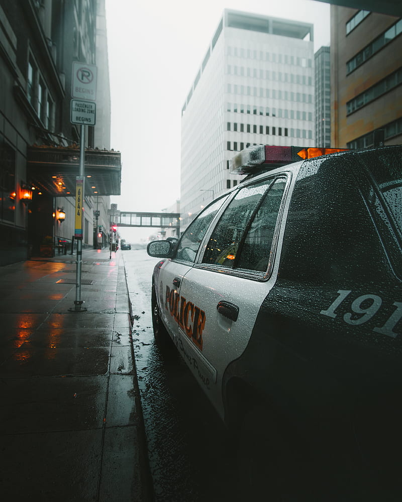 police, car, street, city, rain, HD phone wallpaper
