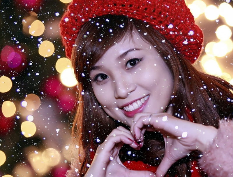 asian face, red, festival, smile, mood, winter, HD wallpaper