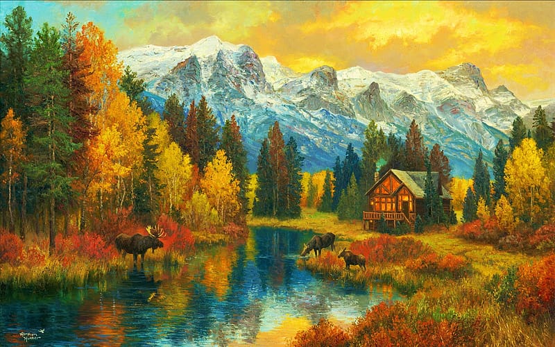 Daydreaming Of The Canadian Rockies by Abraham Hunter, deer, fall, colors, trees, mountains, cabin, river, artwork, painting, autumn, HD wallpaper