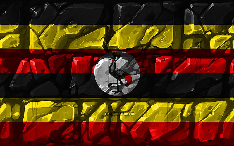 Ugandan flag, brickwall African countries, national symbols, Flag of Uganda, creative, Uganda, Africa, Uganda 3D flag, HD wallpaper