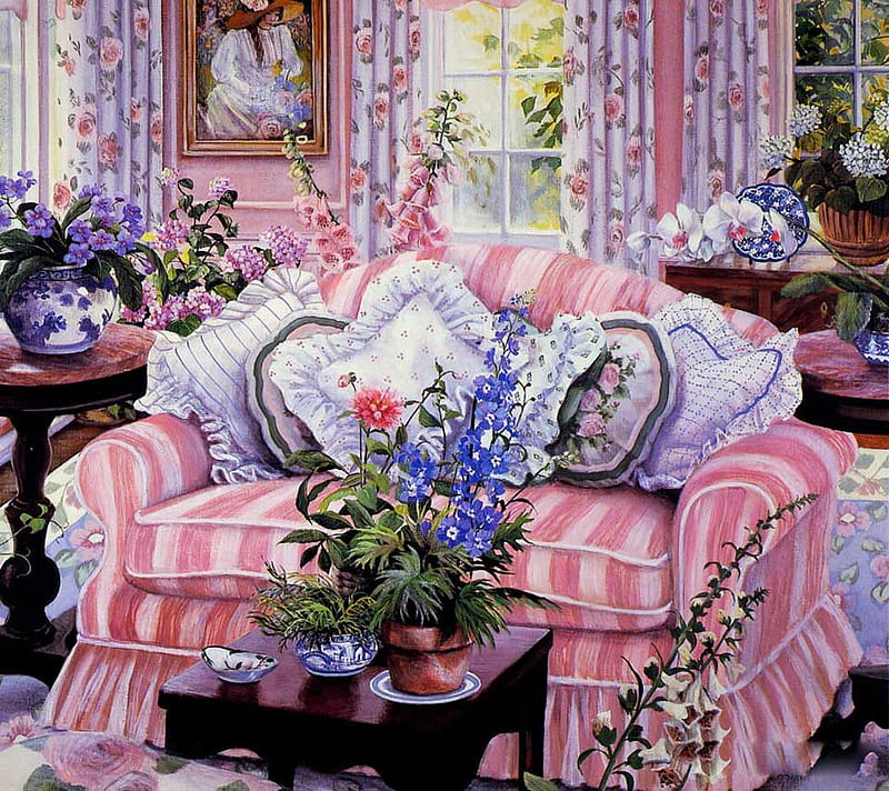 Beautiful Home, lovely, hall, susan rios, home, vase, bonito, curtain, couch, painting, flowers, pink, HD wallpaper