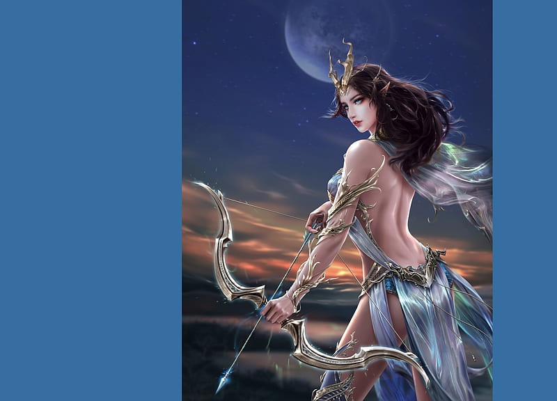Moonlight archer, archer, arrow, thegreen, frumusete, moon, the green, luminos, moon, fantasy, girl, blue, HD wallpaper