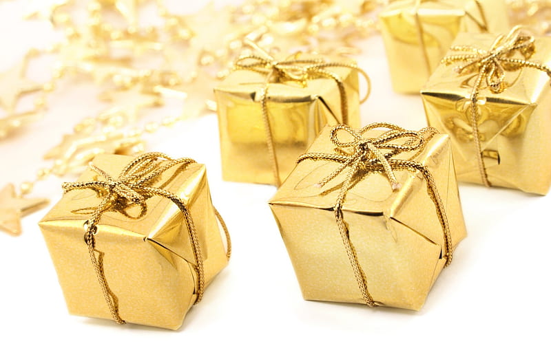 Gold gift boxes, Golden christmas background, Happy New Year, Christmas, golden bow, HD wallpaper