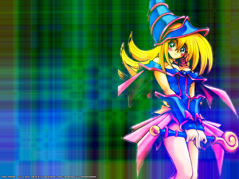 Magician, wand, yellow, blonde, girl, green, anime, yugioh, pink, blue, HD wallpaper