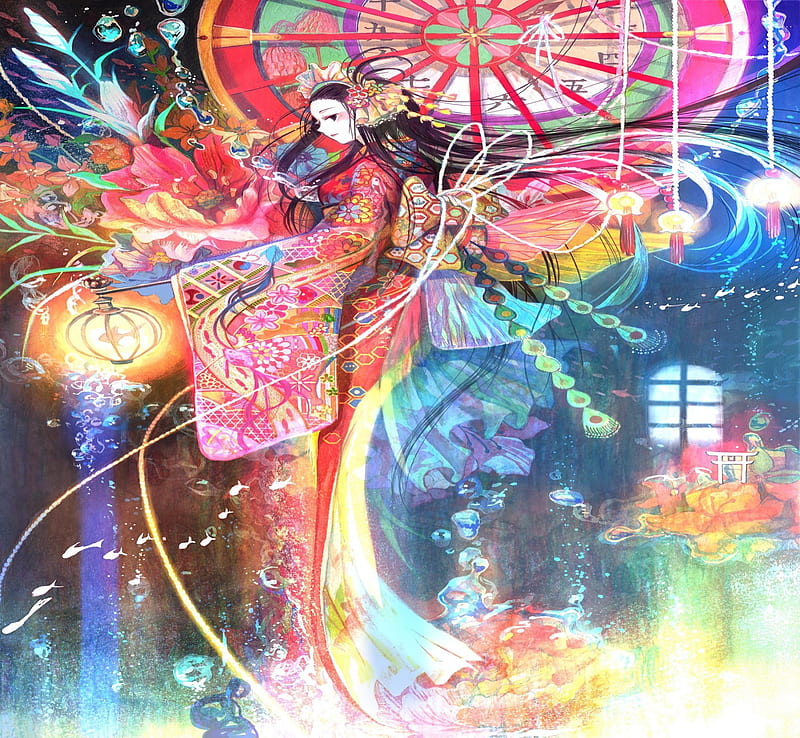 Colorful, wings, lantern, girl, fuji choko, kimono, HD wallpaper | Peakpx