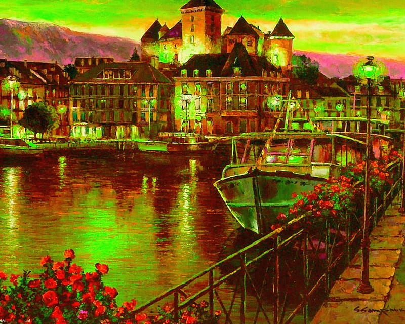 Annecy Night, architecture, boats, nights, painting, lights, HD wallpaper