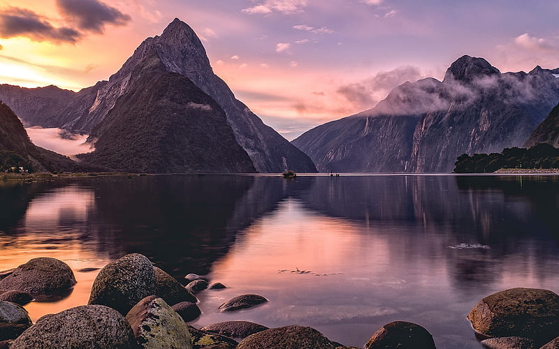 Milford Sound, sunset, Fiordland National Park, mountains, Piopiotahi, New Zealand, beautiful nature, HD wallpaper