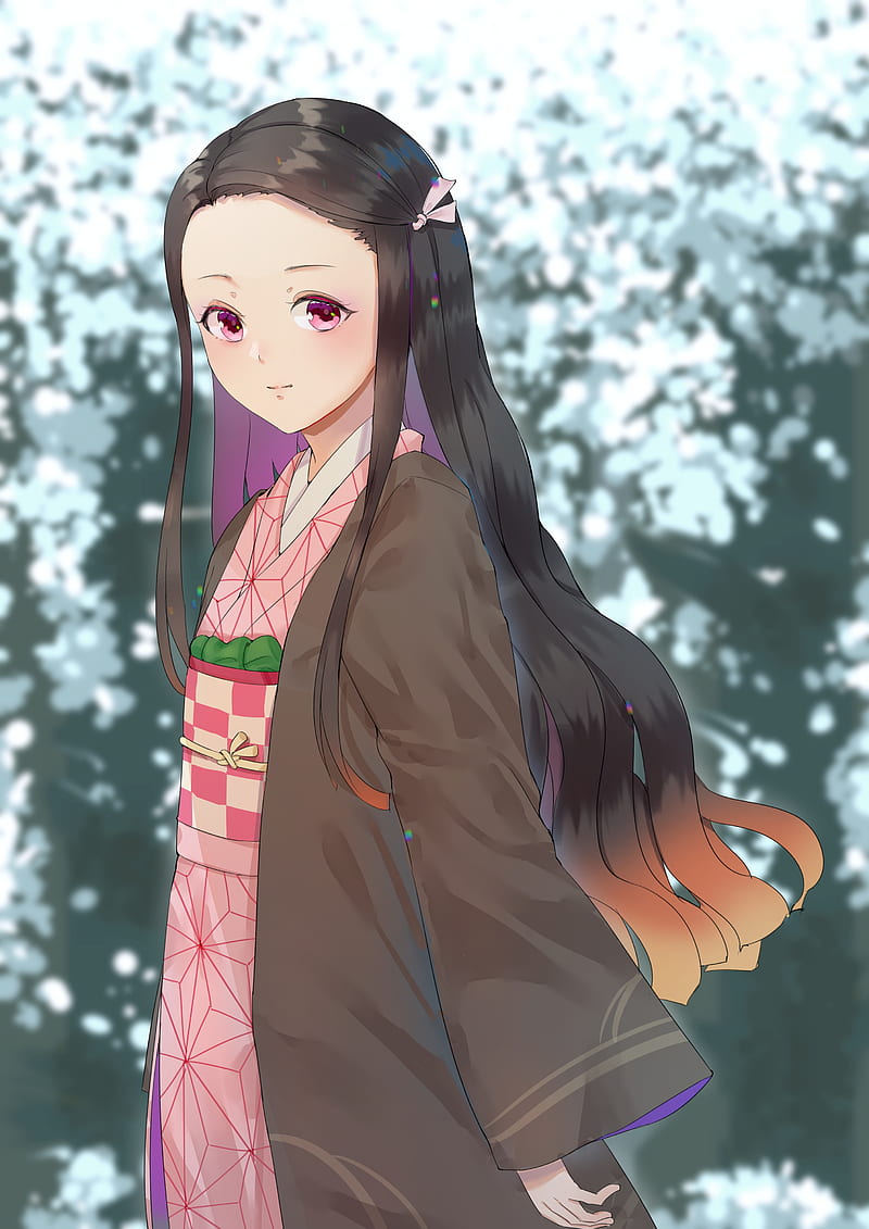 kamado nezuko, kimetsu no yaiba, long hair, traditional clothes, pretty, Anime, HD phone wallpaper