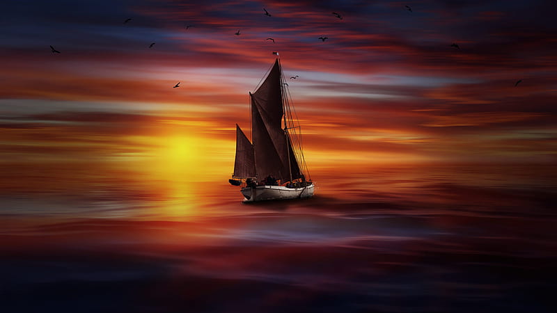 Boat Sunlight Sea Colorful, boat, sky, art, colorful, birds, artwork, HD wallpaper