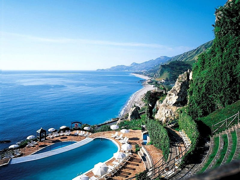 Taormina Beach,Sicily, resort, beach, sicily, nature, trees, pool, sea, HD wallpaper