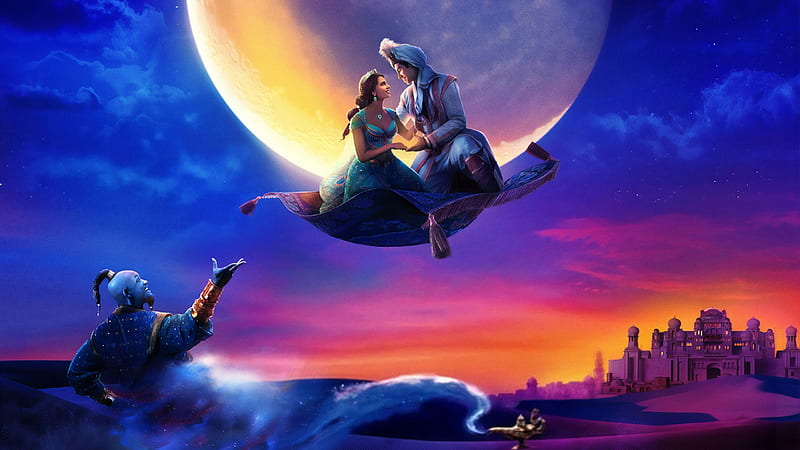 Aladdin 2019, couple, disney, poster, movie, orange, jasmine, fantasy, aladdin, moon, genie, pink, blue, HD wallpaper