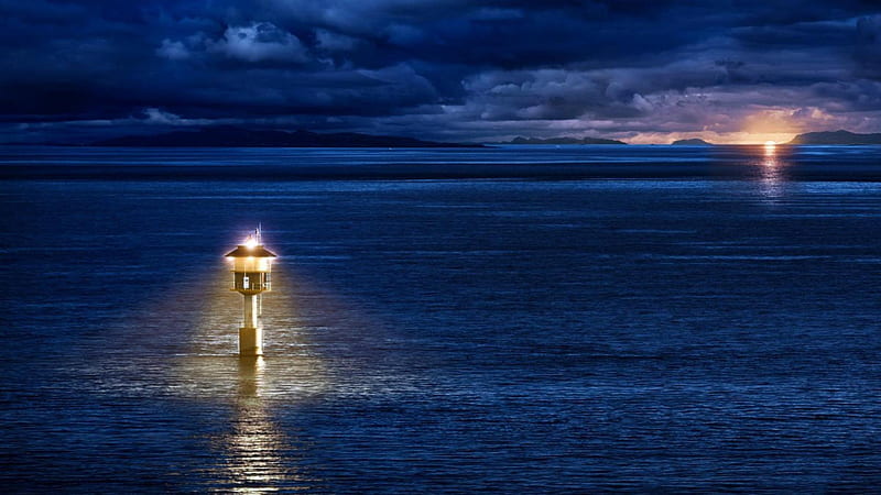 beacon in a bay at twilight r, beacon, twilights, r, clouds, bay, light, HD wallpaper