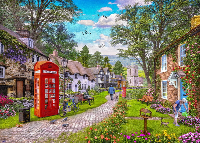 Cottage Haven, telephone, trees, art, digital, village, path, HD wallpaper