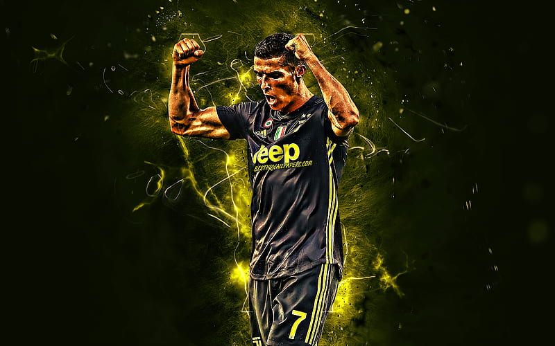 Cristiano Ronaldo, goal, black uniform, portuguese footballers, Juventus FC, Italy, CR7 Juve, Bianconeri, football stars, soccer, Serie A, striker, neon lights, CR7, abstract art, HD wallpaper