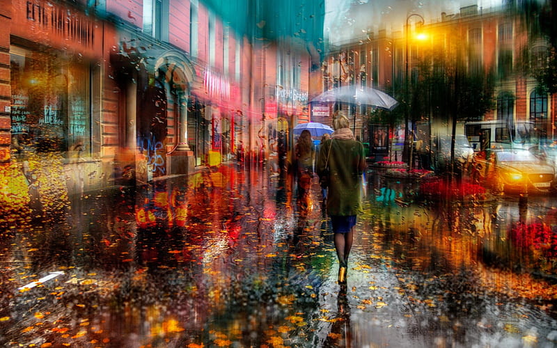 Autumn walk in the city, fall, autumn, city, people, walk, bonito, rain, HD wallpaper