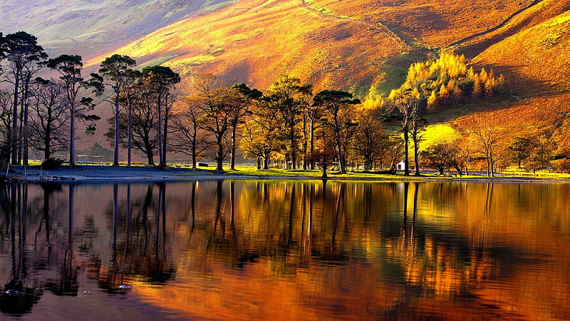 LAKE in REFLECTION, lake district, autumn, scenic, beauty in nature, seasons, valley, national park, beauty, majestic, reflection, hill, light, idyll, nobody, rural scene, serenity, sunshine, landscape, HD wallpaper