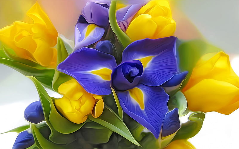 Flowers, poster, tulipe, flower, yellow, painted, bloue, iris, HD wallpaper