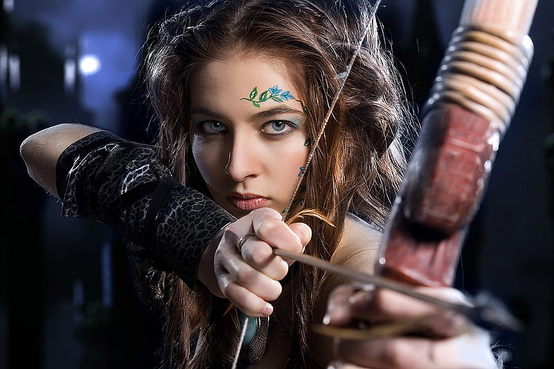 Lovely Robin Hood, bow and arrow, lovely, girl, bonito, face, eyes, HD wallpaper
