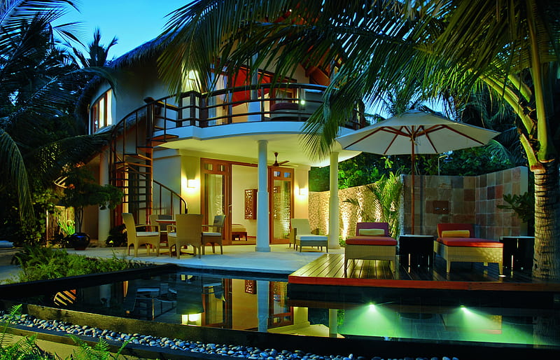 Beautiful Villa, architecture, pretty, resort, colorful, house, umbrella, bonito, villa, lights, stones, chairs, beauty, chair, reflection, night, lovely, view, houses, colors, trees, pool, building, water, peaceful, HD wallpaper