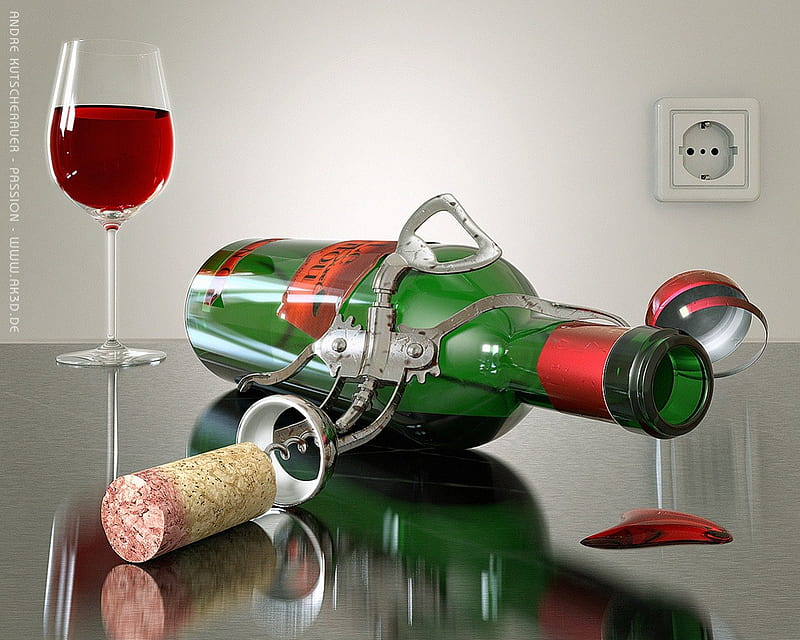 Passion, alcohol, corkscrew, wine, 3d art, cork, HD wallpaper