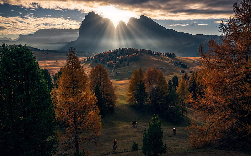 Dolomites, sunset, mountain landscape, rocks, valley, HD wallpaper