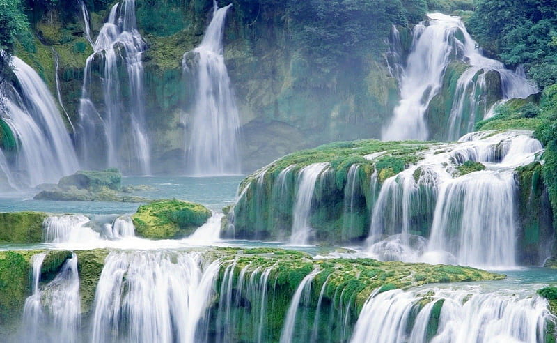 Natural Beauty Waterfalls, rock, grass, waterfalls, ledges, daylight, water, day, nature, white, moisture, falls, HD wallpaper